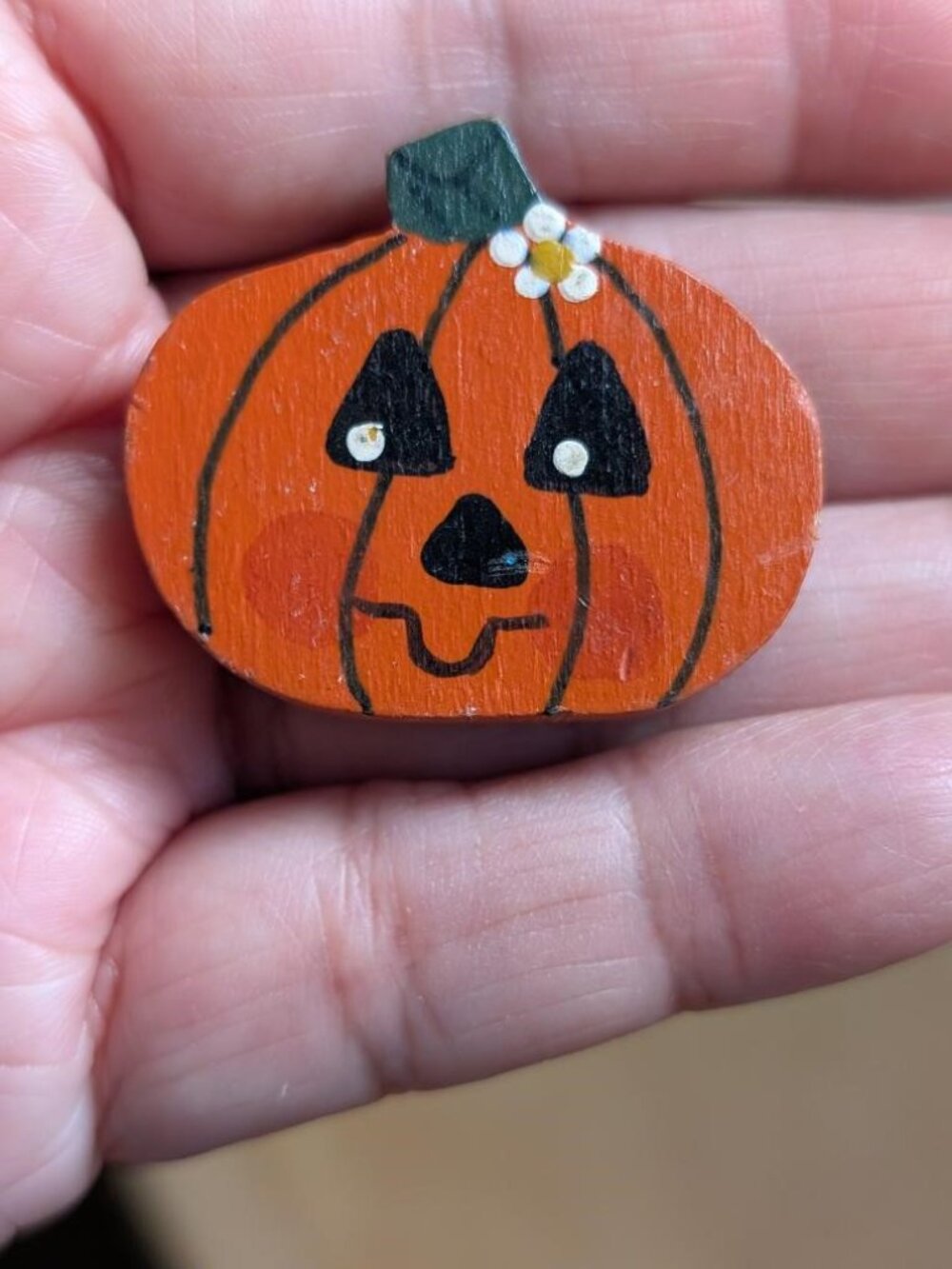 Cute Vintage Halloween Wooded Pumpkin Brooch with a Flower, Signed "Ingram"